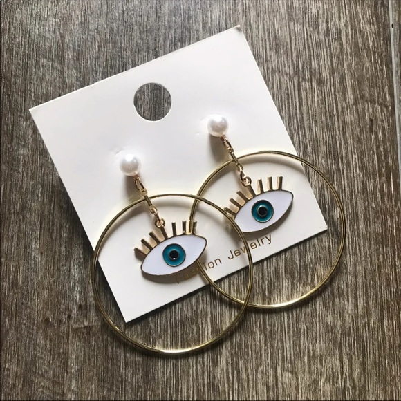 NEW Evil Eye Gold Hoop Earrings - Picture 2 of 5